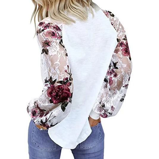 NIHTS12 - Ladies White Fashion Flower Long Sleeve Lace Shirt