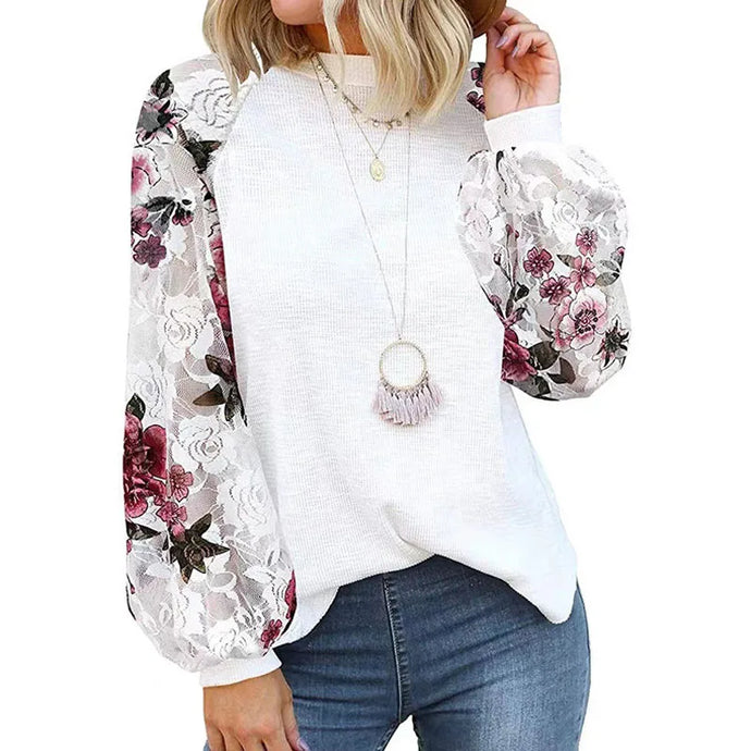 NIHTS12 - Ladies White Fashion Flower Long Sleeve Lace Shirt