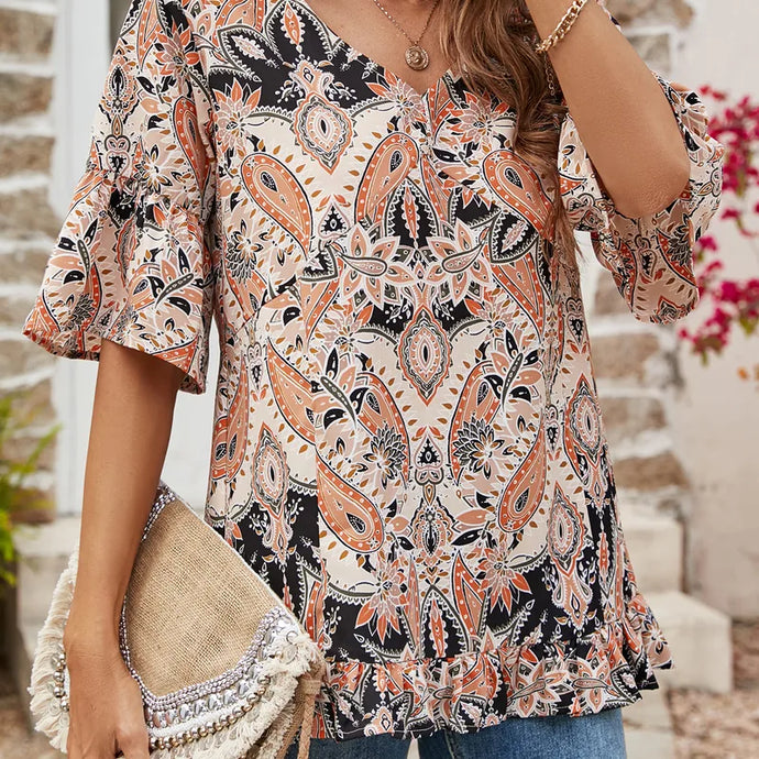 NIHTS10 - Women's Apricot Boho Print Half Sleeve Shirt