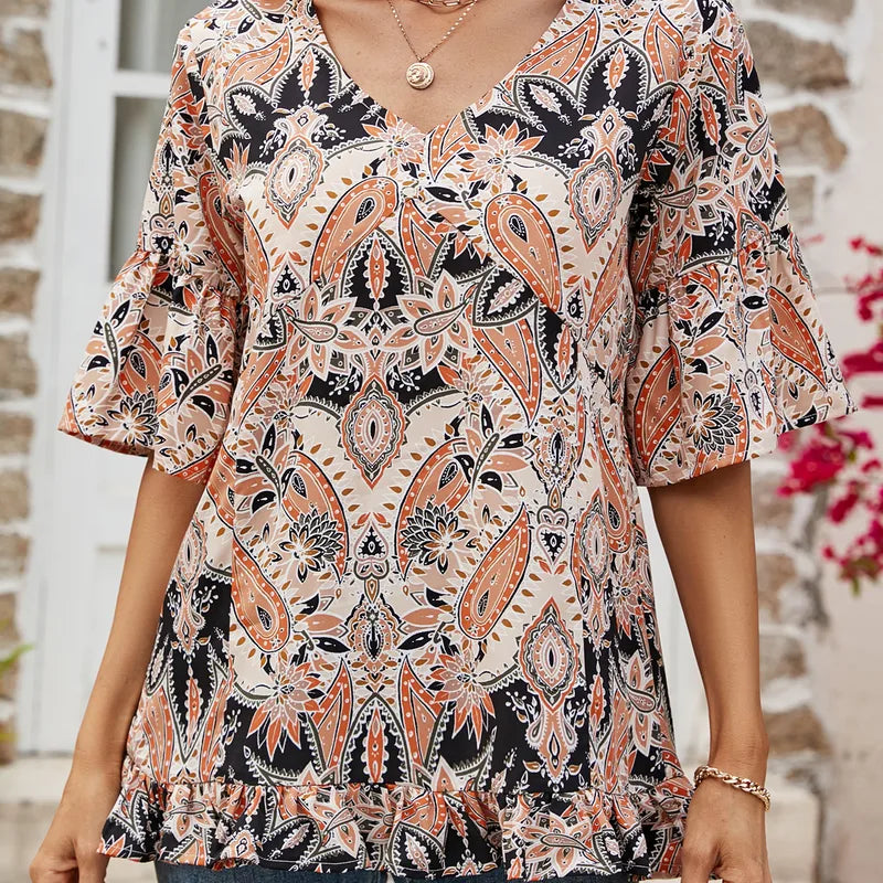 Load image into Gallery viewer, NIHTS10 - Women&#39;s Apricot Boho Print Half Sleeve Shirt
