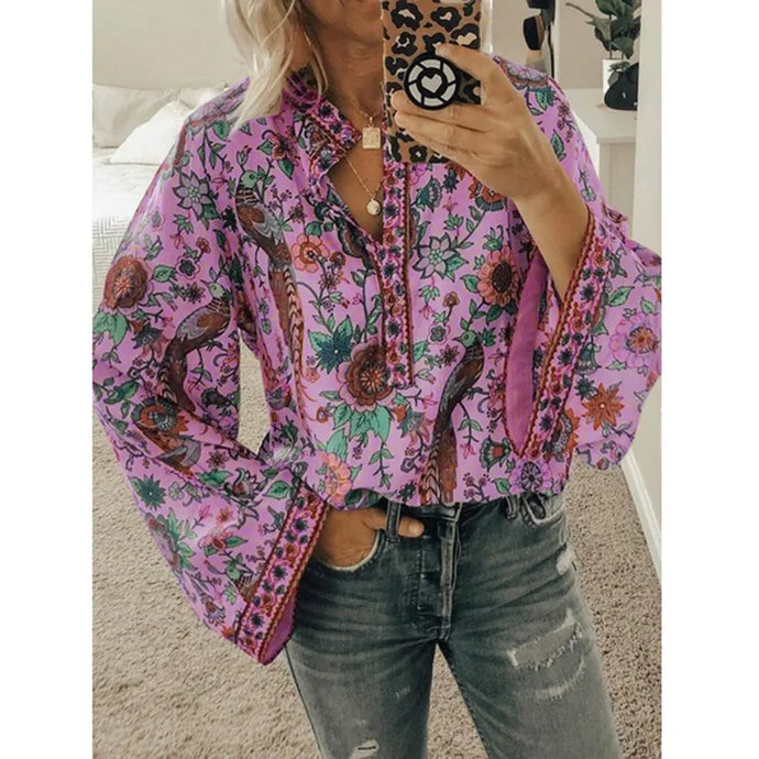 NIHTS14 - Ladies Purple Floral Print Long Sleeve Shirt