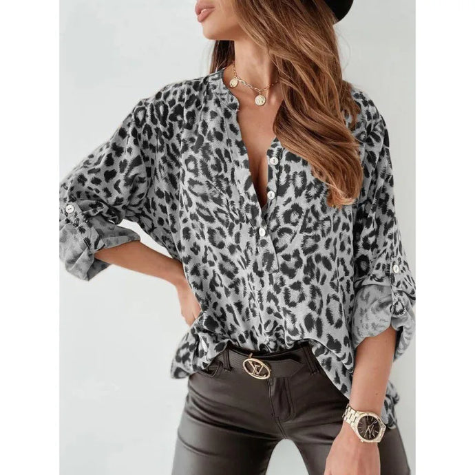 NIHTS85 - Ladies Silver Leopard Print Long Sleeve Blouse