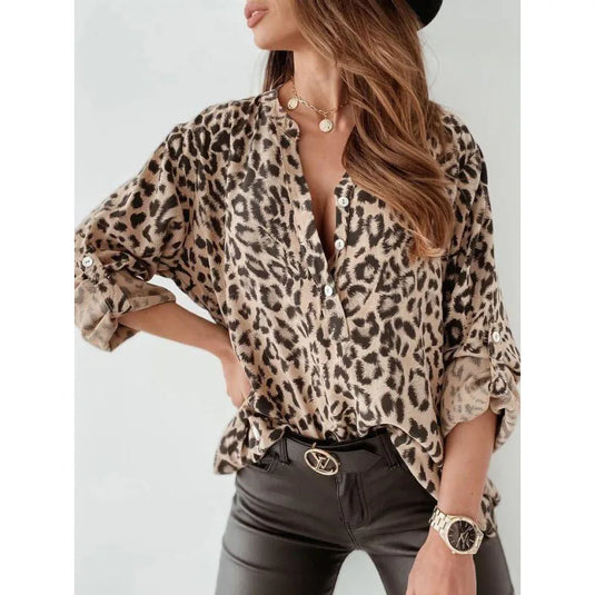 NIHTS84 - Ladies Apricot Leopard Print Long Sleeve Blouse