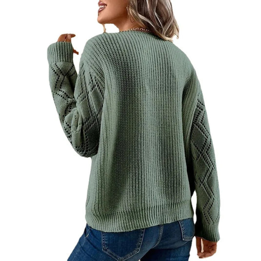 NIHJKT6 - Women's Olive Green Long Sleeve Rib Knit Sweater
