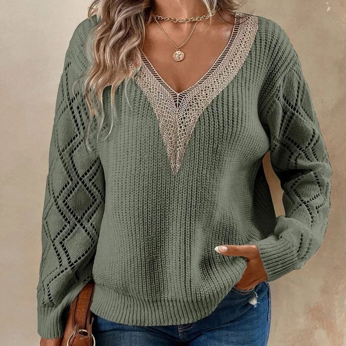 NIHJKT6 - Women's Olive Green Long Sleeve Rib Knit Sweater