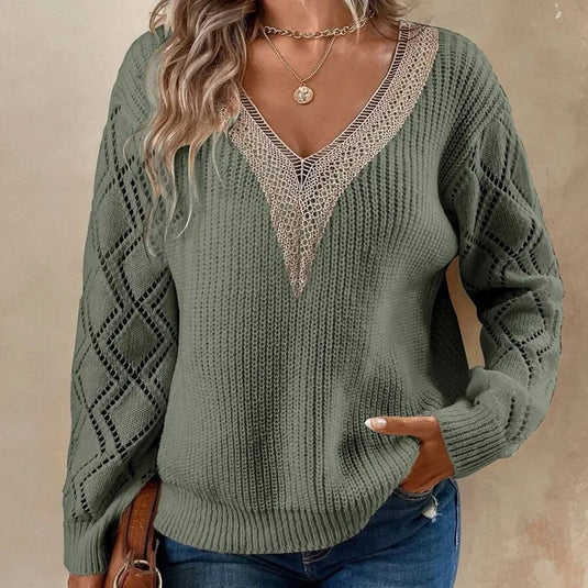NIHJKT6 - Women's Olive Green Long Sleeve Rib Knit Sweater