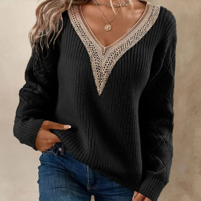 NIHJKT5 - Women's Black Long Sleeve Rib Knit Sweater