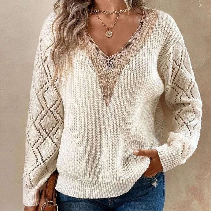 NIHJKT7 - Women's White Long Sleeve Rib Knit Sweater