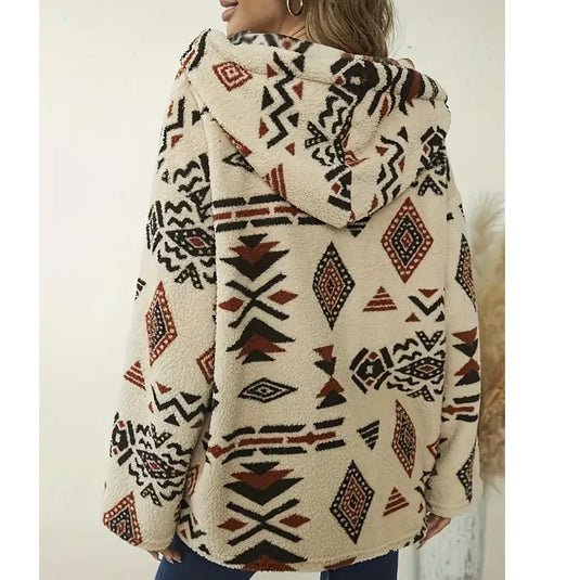 NIHJKT1 - Women's Apricot Single Breasted Aztec Print Fleece Jacket