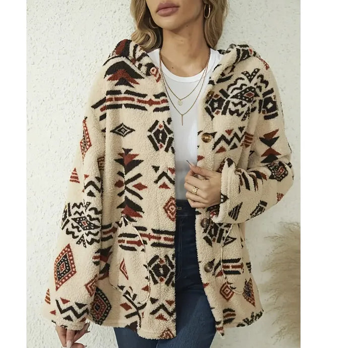 NIHJKT1 - Women's Apricot Single Breasted Aztec Print Fleece Jacket