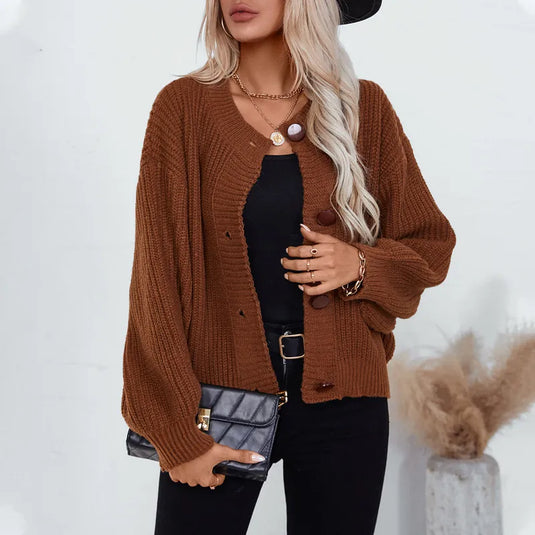 NIHTS50 - Ladies Caramel Loose Fit Open Cardigan with Buttons