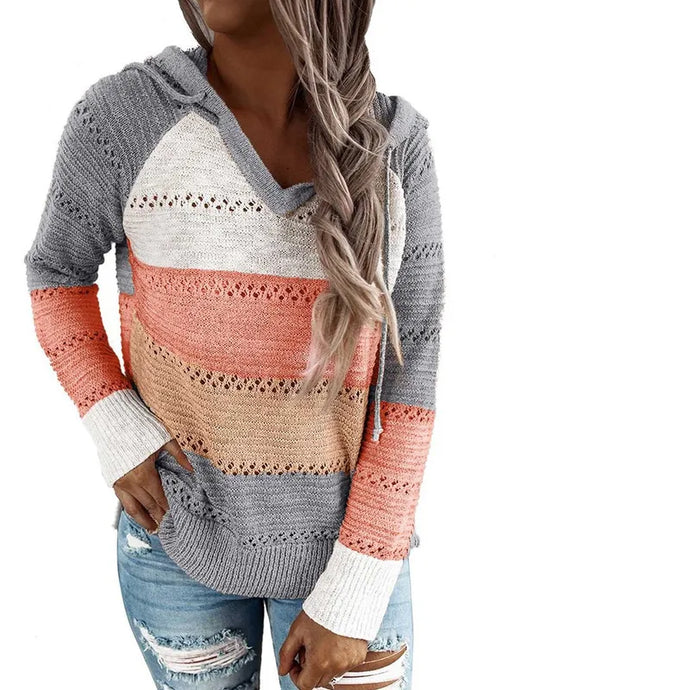 NIHTS48 - Ladies Gray/Orange Loose Fit V Neck Hooded Sweater