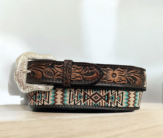 XBT1409 - Twisted X Floral Carved Leather Beaded Belt
