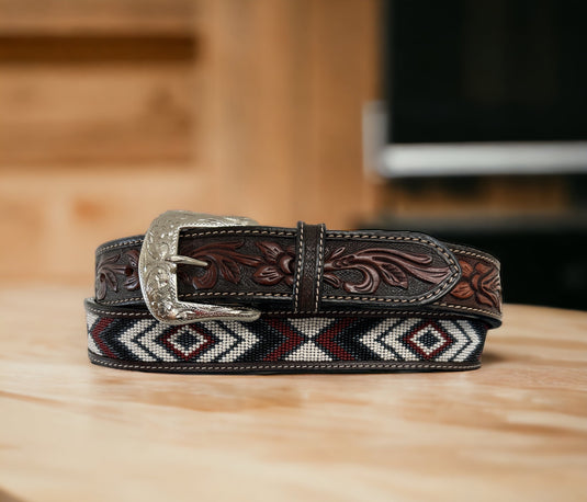 XIBB104-1 - Twisted X Tooled Leather Beaded Belt