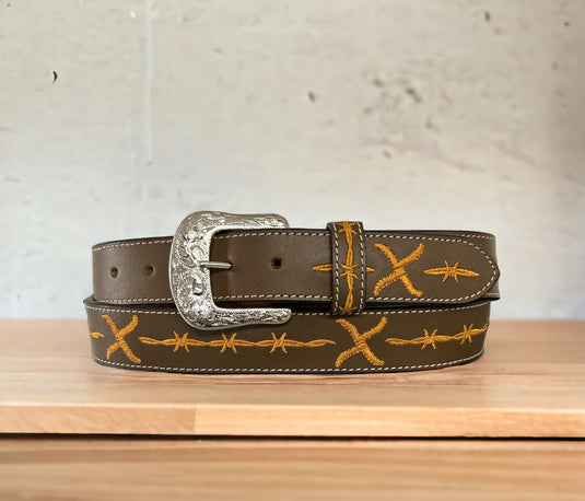 XRB-O - Twisted X Brown Leather Belt With Barbed Wire