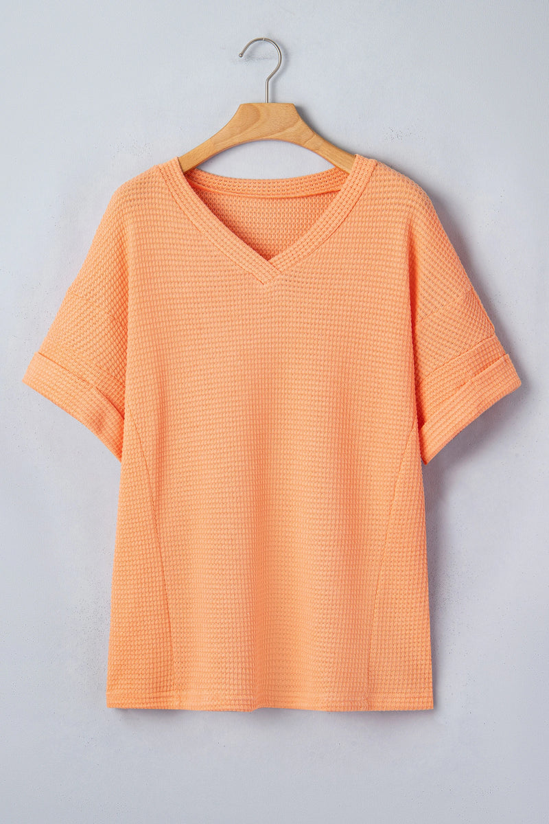 Load image into Gallery viewer, DLLS527 - Ladies Grapefruit Orange Waffle V Neck Short Sleeve Knit Top
