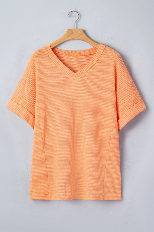 DLLS527 - Ladies Grapefruit Orange Waffle V Neck Short Sleeve Knit Top