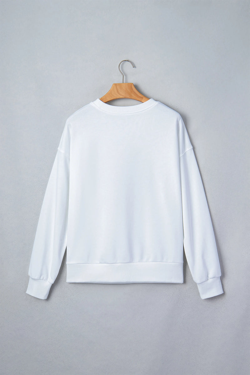 Load image into Gallery viewer, DLLS780 - Ladies White Embroidered Game Day Rugby Pattern Crewneck Sweatshirt
