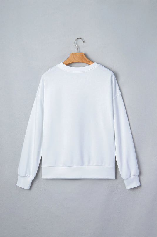 DLLS780 - Ladies White Embroidered Game Day Rugby Pattern Crewneck Sweatshirt