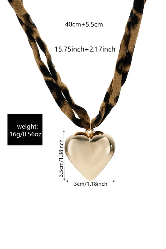 DLLNK 12 - Gold Puffy Heart Charm Leopard Scarf Necklace