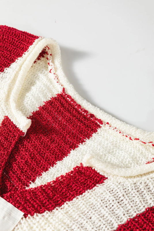 DLLS414 - Ladies Red Stripe Colorblock V Neck Bracelet Sleeve Sweater