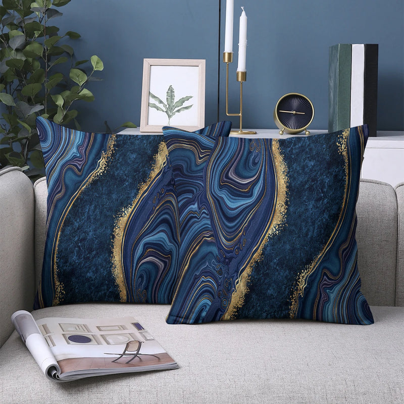 Load image into Gallery viewer, TMPL131 - 2 Piece Set - 18&quot; x 18&quot; Elegant Blue &amp; Golden Marble Throw Pillows
