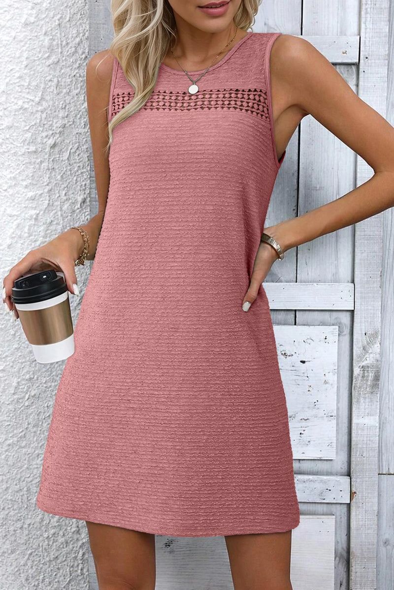 Load image into Gallery viewer, DLLS522 - Ladies Rose Solid Color Textured Lace Hollowed Detail Sleeveless Mini Dress
