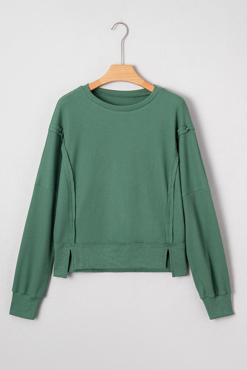 Load image into Gallery viewer, DLLS333 - Ladies Evergreen Solid Color Raw Seam Patchwork Textured Drop Shoulder Sweatshirt
