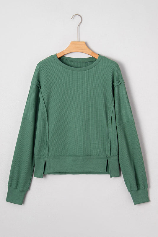 DLLS333 - Ladies Evergreen Solid Color Raw Seam Patchwork Textured Drop Shoulder Sweatshirt