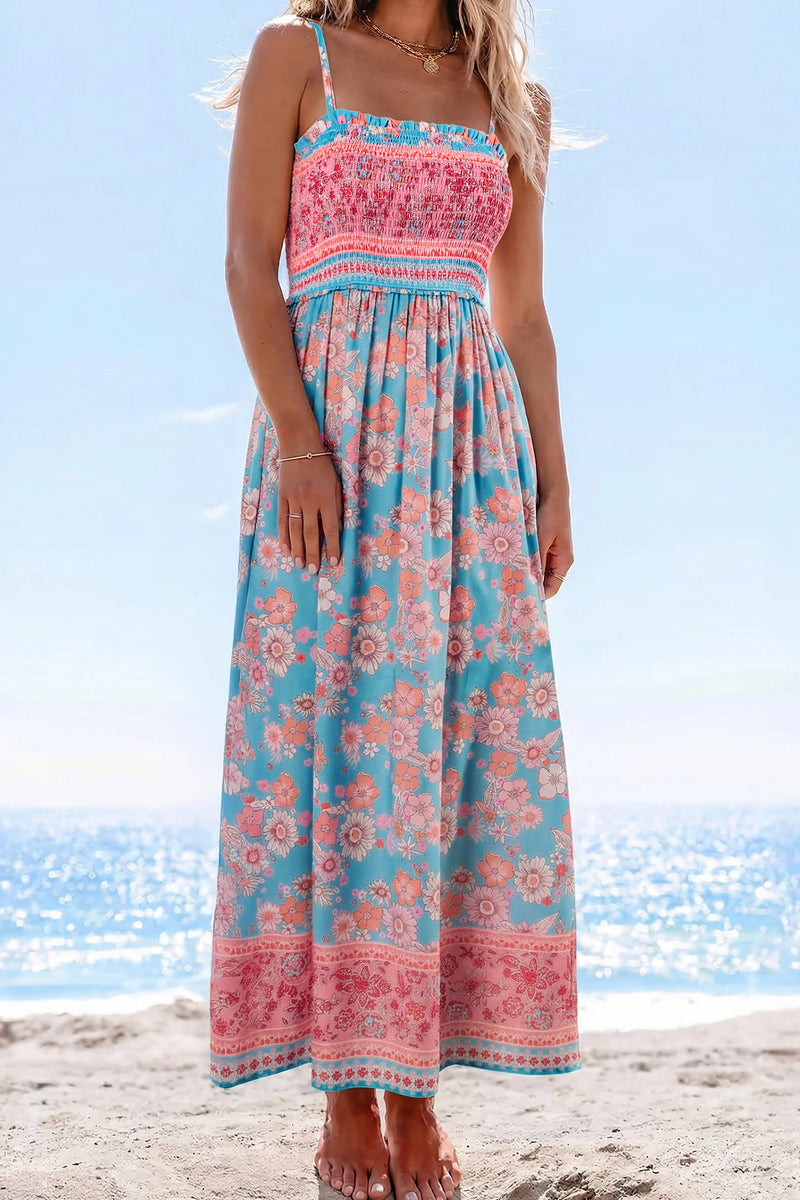 Load image into Gallery viewer, DLLS608 - Ladies Sky Blue Bohemian Ethnic Print Spaghetti Straps Vacation Maxi Dress
