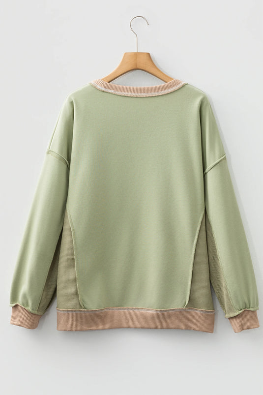 DLLS396 - Ladies Smoke Green Color Block Mix Texture Waffle Patchwork Oversize Sweatshirt