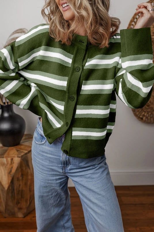 DLLS290 - Ladies Green Stripe Drop Shoulder Buttons Cardigan Sweater