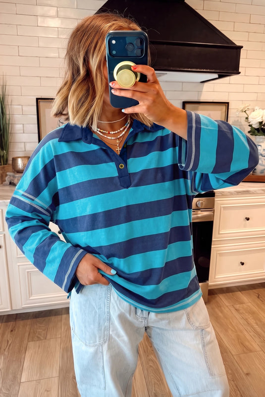 DLLS1152 - Ladies Blue Stripe Contrast Polo Collar Bracelet Sleeve Loose Top