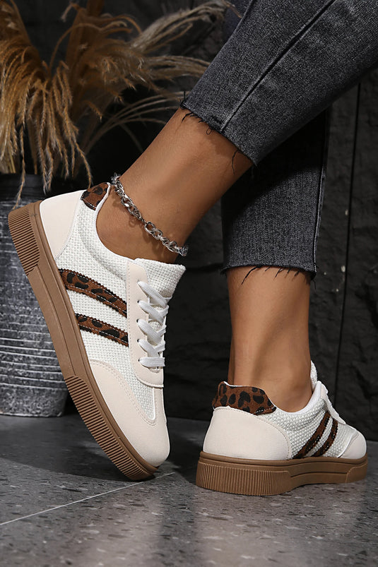 DLLSHOE 28 - White Textured Woven PU Leather Leopard Patchwork Flat Sneakers