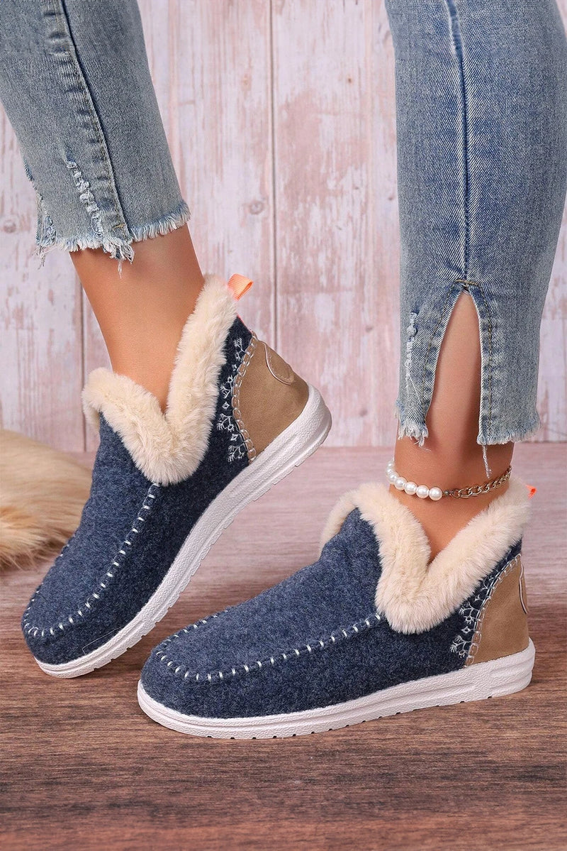 Load image into Gallery viewer, DLLSHOE 123 - Blue Suede Stitching Patchwork Plush Lined Anklet Boots

