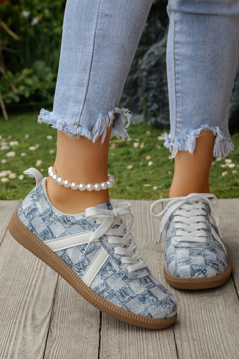 Load image into Gallery viewer, DLLSHOE 104 - Ashleigh Blue Stylish Denim Checkered Print Lace Up Flat Shoes

