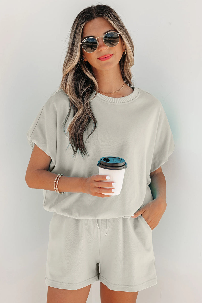 Load image into Gallery viewer, DLLS606 - Ladies Smoke Gray Solid Color Puffy Loose Top Drawstring Shorts 2pcs Outfit

