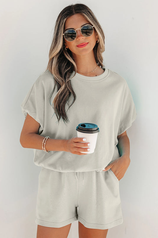 DLLS606 - Ladies Smoke Gray Solid Color Puffy Loose Top Drawstring Shorts 2pcs Outfit