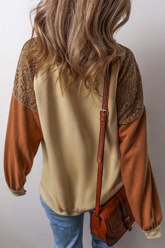 DLLS158 - Ladies Khaki Lace Patchwork Colorblock Drop Shoulder Sweatshirt