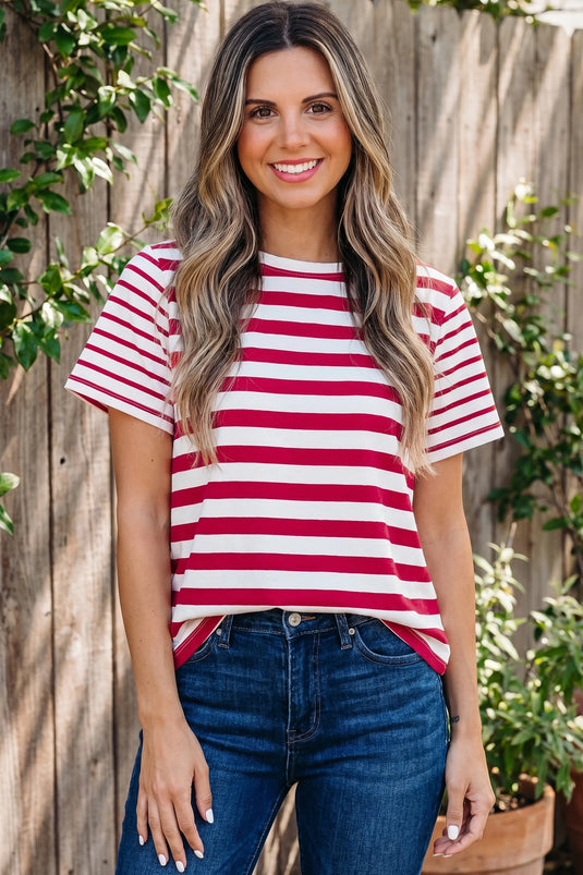 DLLS634 - Ladies Red Stripe Patchwork Round Neck T Shirt