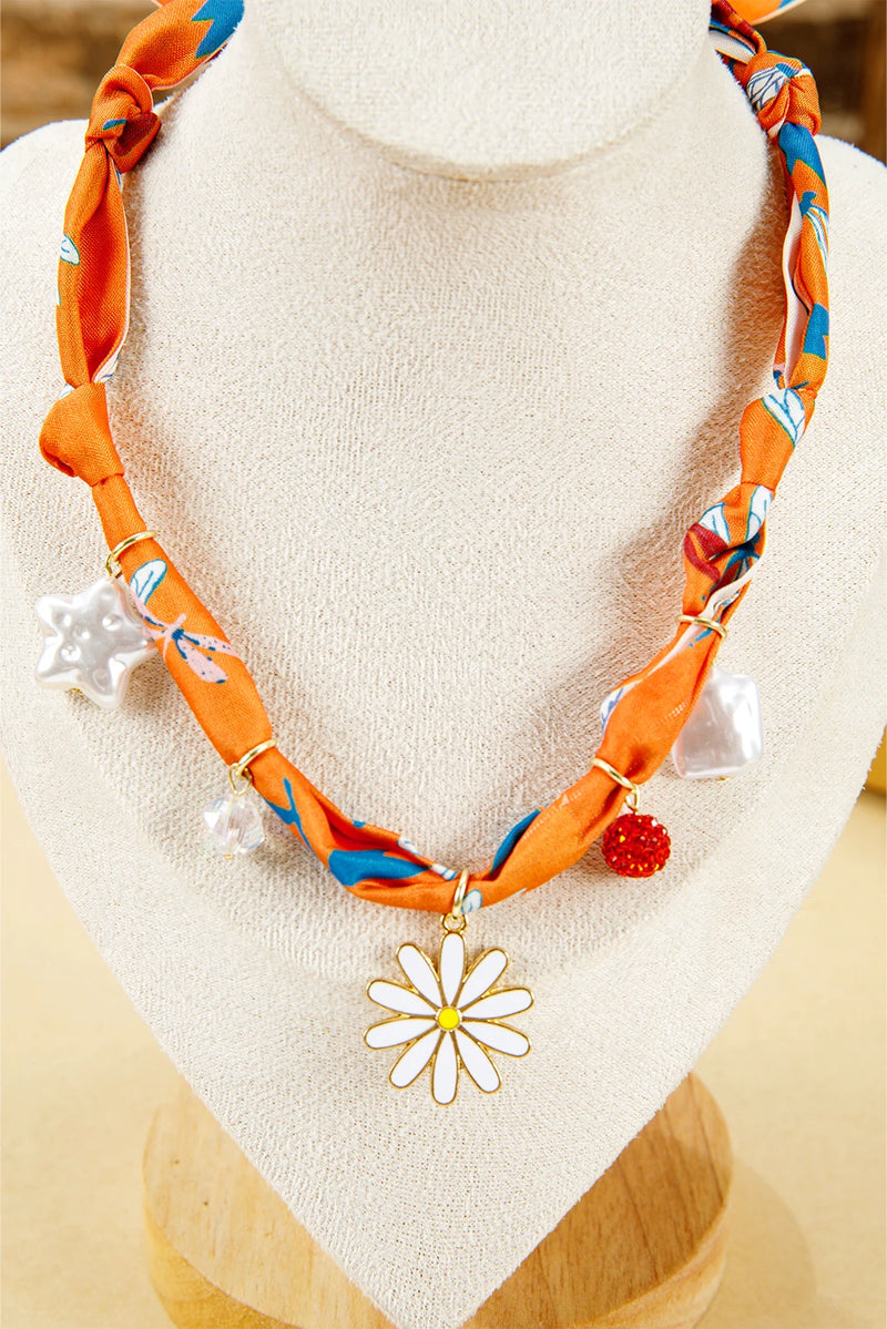 Load image into Gallery viewer, DLLNK 9 - Orange Dragonfly Print Daisy Flower Pearl Crystal Decor Ribbon Necklace
