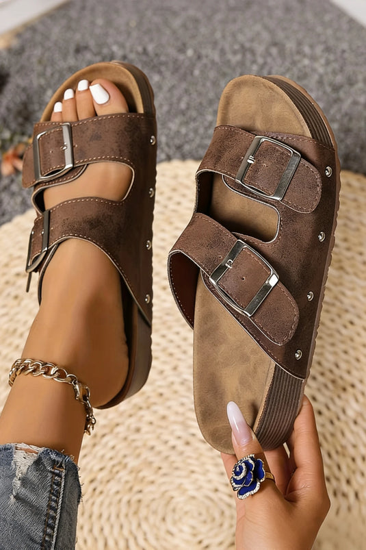DLLSHOE 84 - Coffee Retro Double Buckle PU Leather Faux Suede Platform Slippers