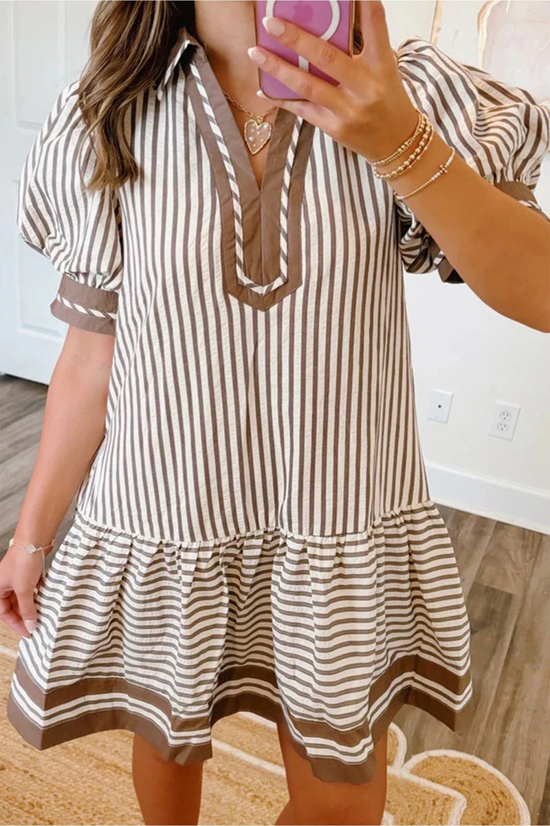 Load image into Gallery viewer, DLLS665 - Ladies Brown Stripe Shirt Collar Color Block Patchwork Trim Ruffle Hem Short Dress
