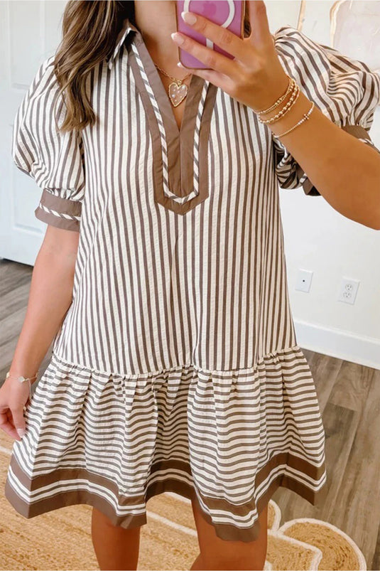 DLLS665 - Ladies Brown Stripe Shirt Collar Color Block Patchwork Trim Ruffle Hem Short Dress