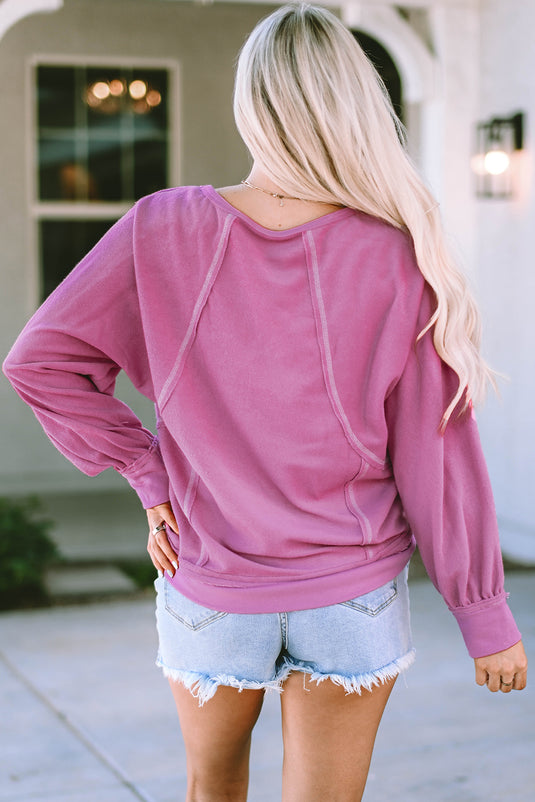DLLS112 - Ladies Pink Exposed Seam Round Neck Terry Pullover