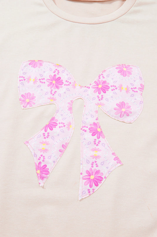 DLLS631 - Ladies Apricot Daisy Floral Bow Contrast Patchwork Loose T Shirt