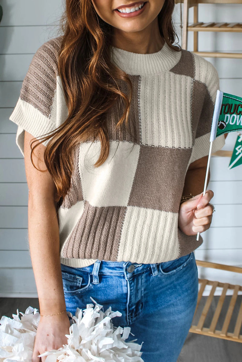 Load image into Gallery viewer, DLLS344 -  Ladies Khaki Checkered Color Block Crew Neck Short Sleeve Sweater
