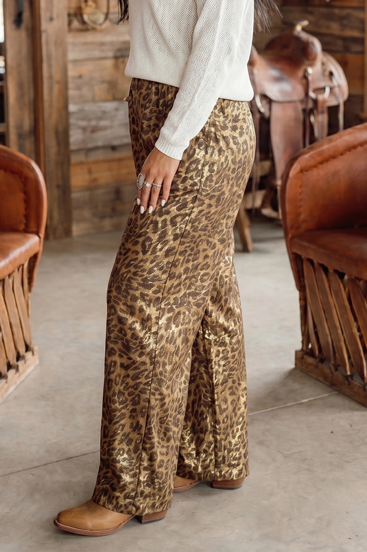 DLLS798 - Ladies Multicolour Leopard Print Western Style Wide Leg Full Length Pants