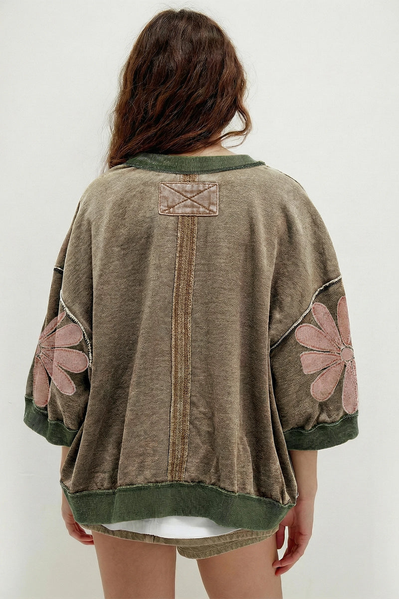 Load image into Gallery viewer, DLLS1096 - Ladies Breen Mineral Wash Raw Seam Patchwork Flower Patched 3/4 Sleeve Oversize Top
