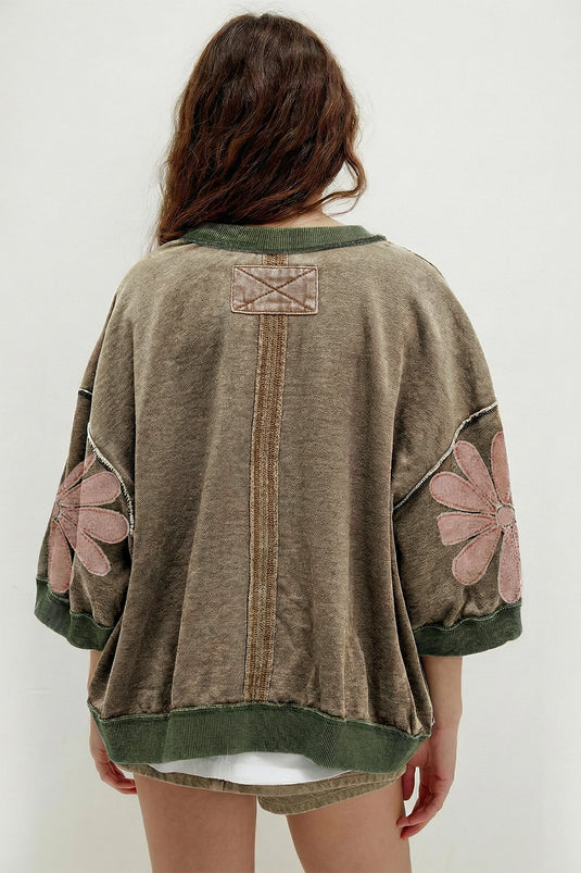 DLLS1096 - Ladies Breen Mineral Wash Raw Seam Patchwork Flower Patched 3/4 Sleeve Oversize Top